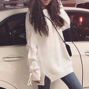 Zara Knit long Sweater in White with Lace up long Sleeves